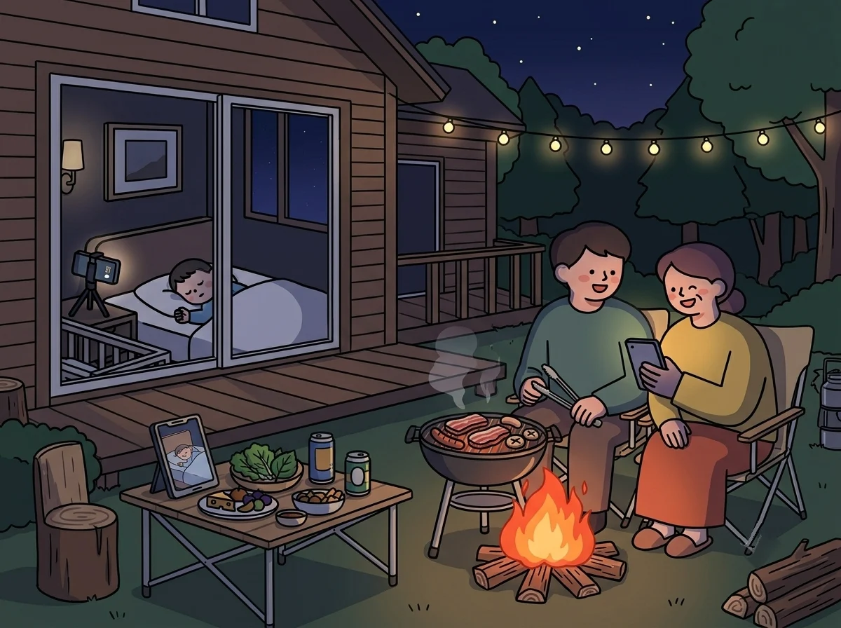 아이는 별장 침실에서 잠들어 있고, 부모는 마당에서 모닥불과 바비큐를 즐기며 태블릿으로 아이를 확인하는 모습
