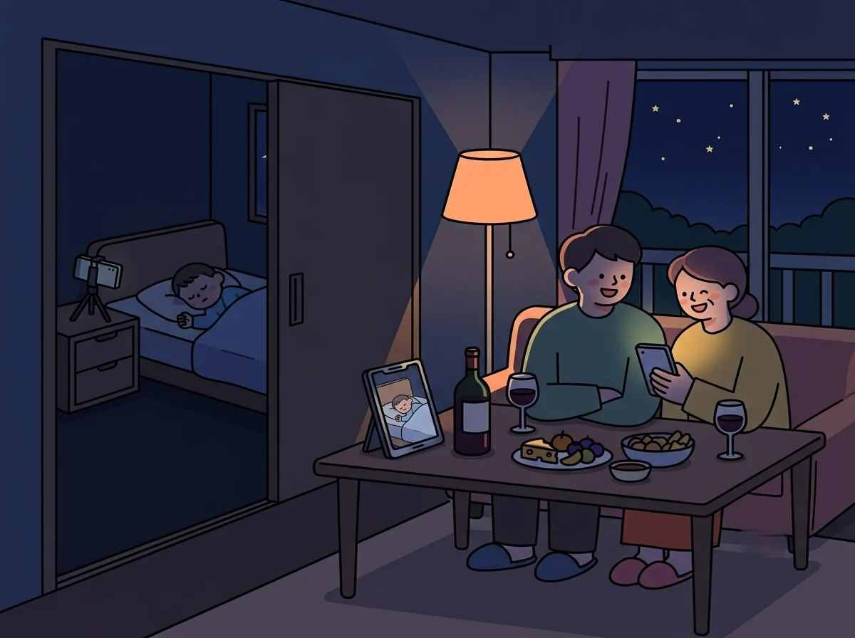아이는 방에서 잠들어 있고, 부모는 거실에서 태블릿으로 아이를 확인하며 여유로운 저녁을 보내는 모습